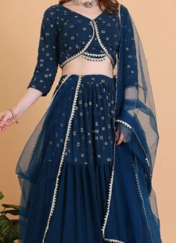 Teen Girls Teal Blue Embroidered Georgette Tiered Lehenga Set Festive Wear