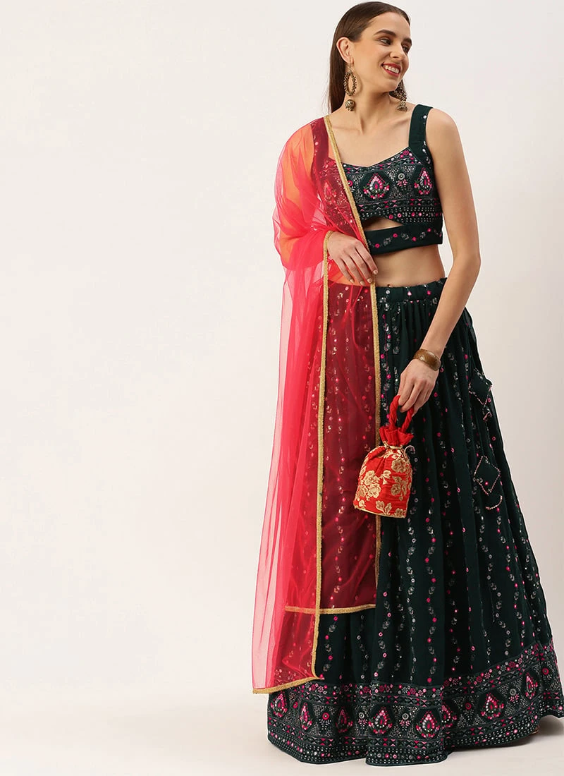 Teen Girls Teal Green Georgette Sequins Embroidered Lehenga Festive Wear - Image 3