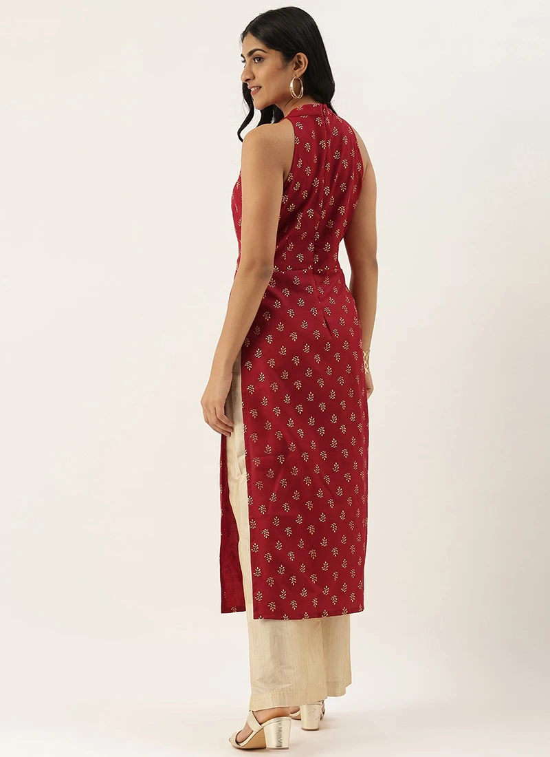 Teen Girls Beige N Maroon Halter Neck Style Kurta Set Festive Wear - Image 4