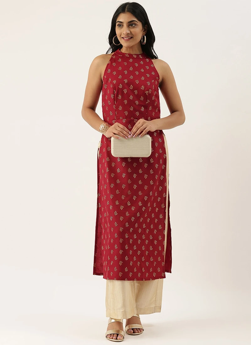 Teen Girls Beige N Maroon Halter Neck Style Kurta Set Festive Wear - Image 3