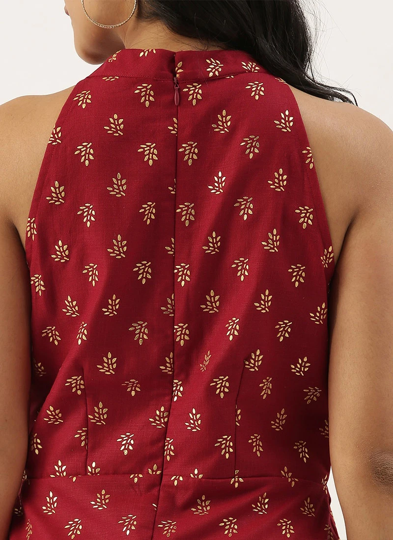 Teen Girls Beige N Maroon Halter Neck Style Kurta Set Festive Wear - Image 6