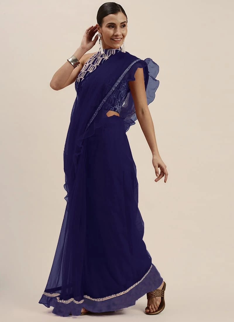 Teen Girls Blue Embroidered N Ruffles Saree Party Wear - Image 3