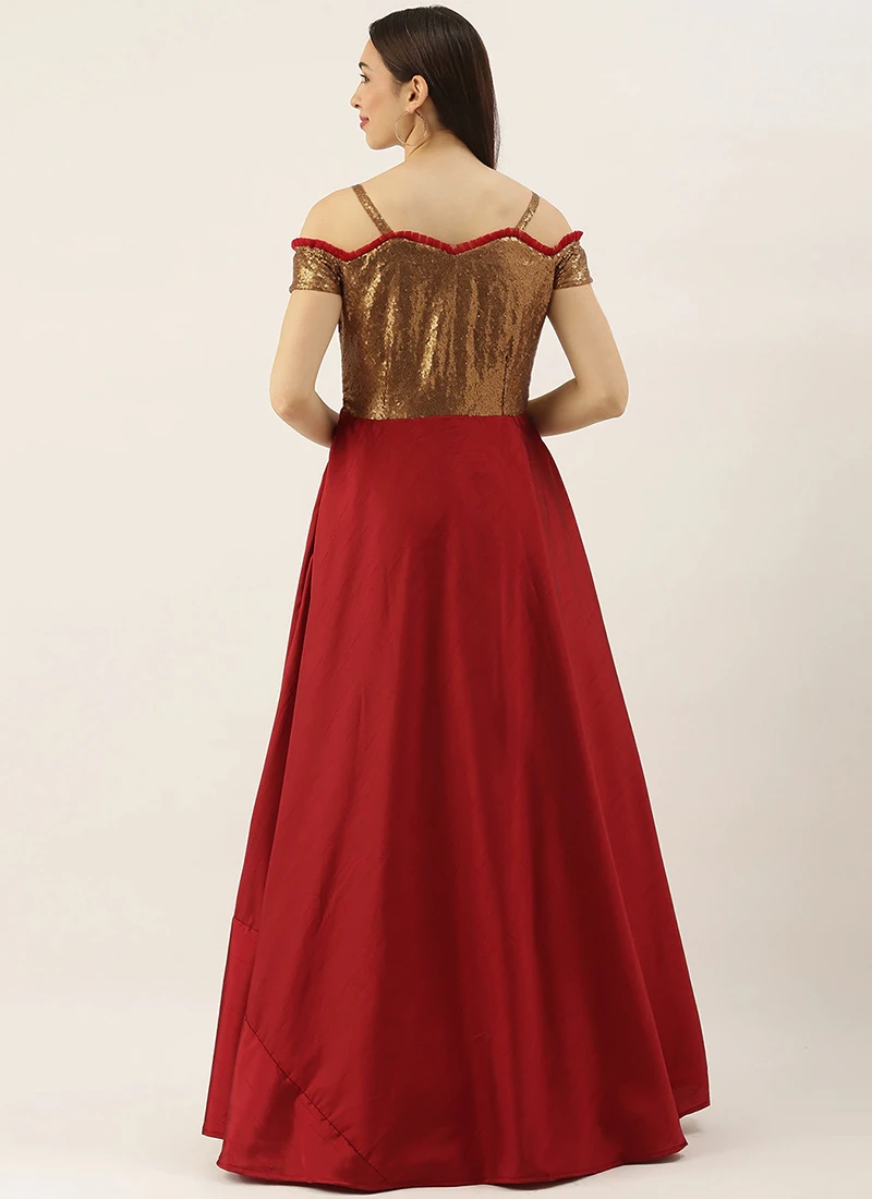 Teen Girls Brown N Maroon Sequins Georgette Floor Length Gown Party Wear - Image 4