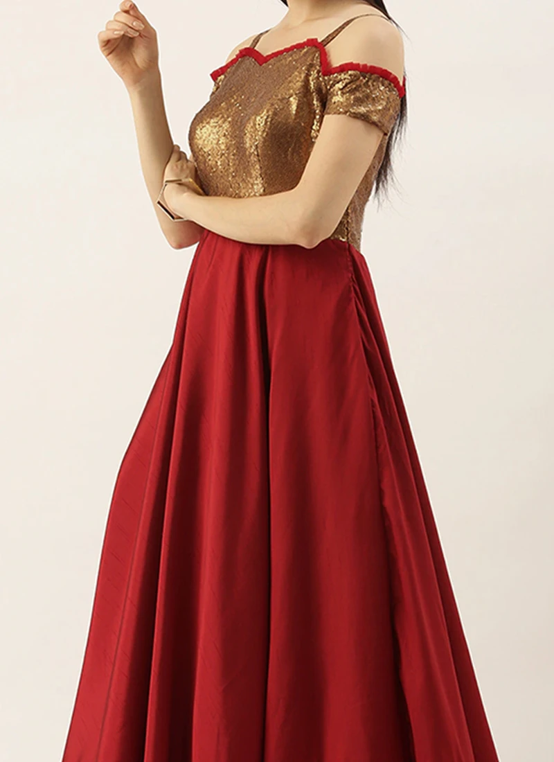 Teen Girls Brown N Maroon Sequins Georgette Floor Length Gown Party Wear