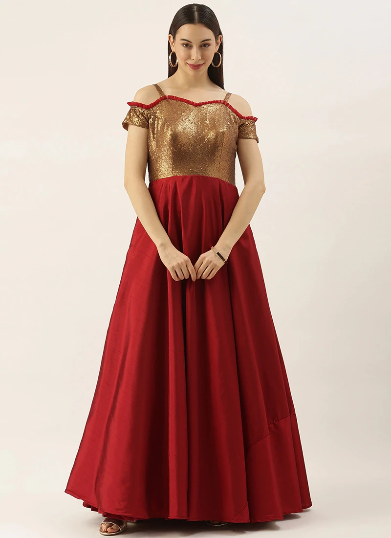 Teen Girls Brown N Maroon Sequins Georgette Floor Length Gown Party Wear - Image 3