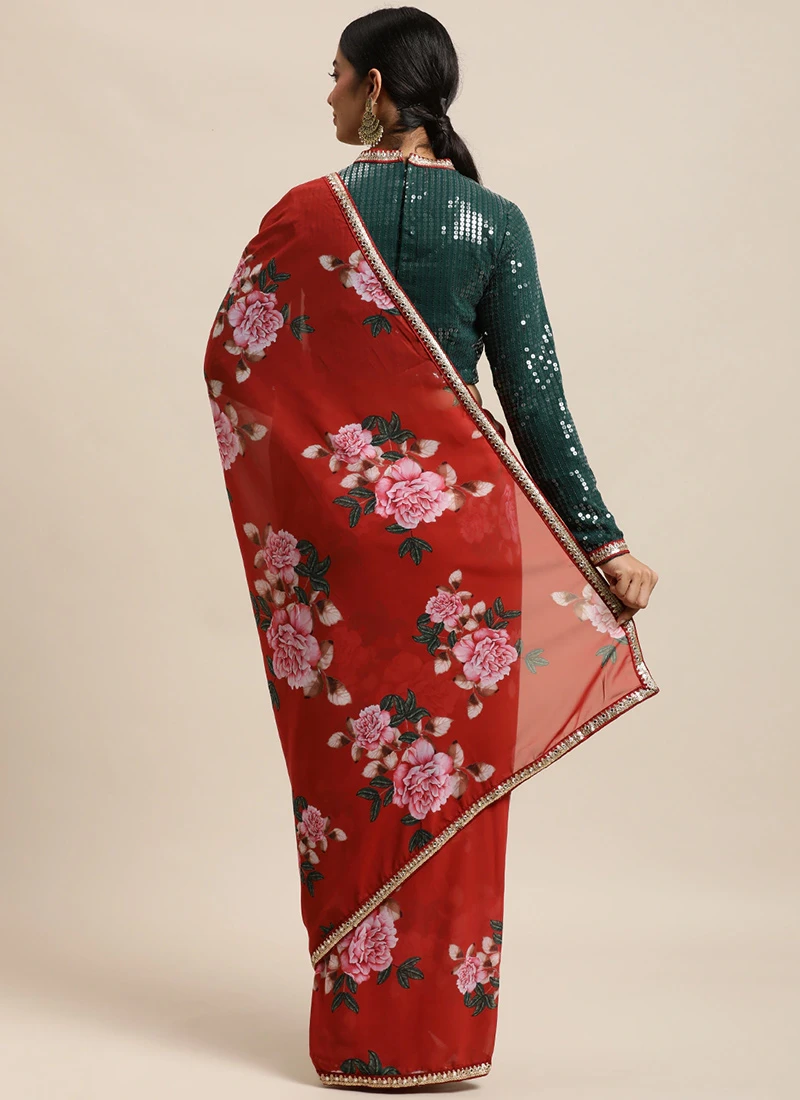 Teen Girls Green Blouse N Rust Digital Printed Saree Festive Wear - Image 4