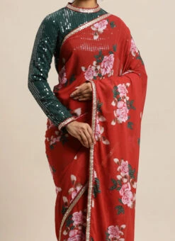 Teen Girls Green Blouse N Rust Digital Printed Saree Festive Wear