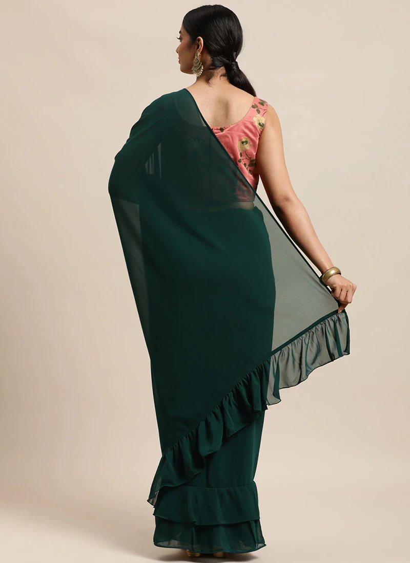 Teen Girls Green Georgette Saree N Pink Chanderi B - Image 4