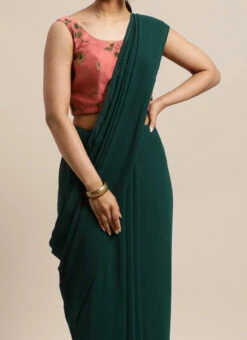 Teen Girls Green Georgette Saree N Pink Chanderi B