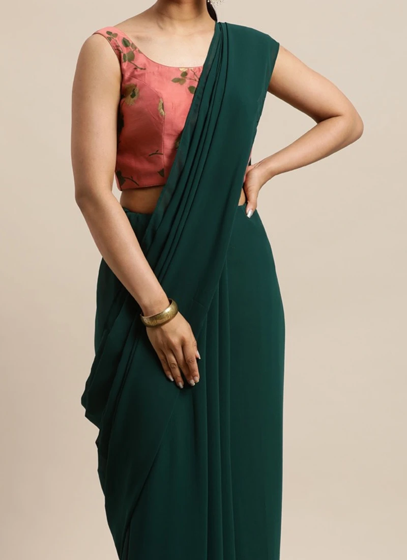 Teen Girls Green Georgette Saree N Pink Chanderi B