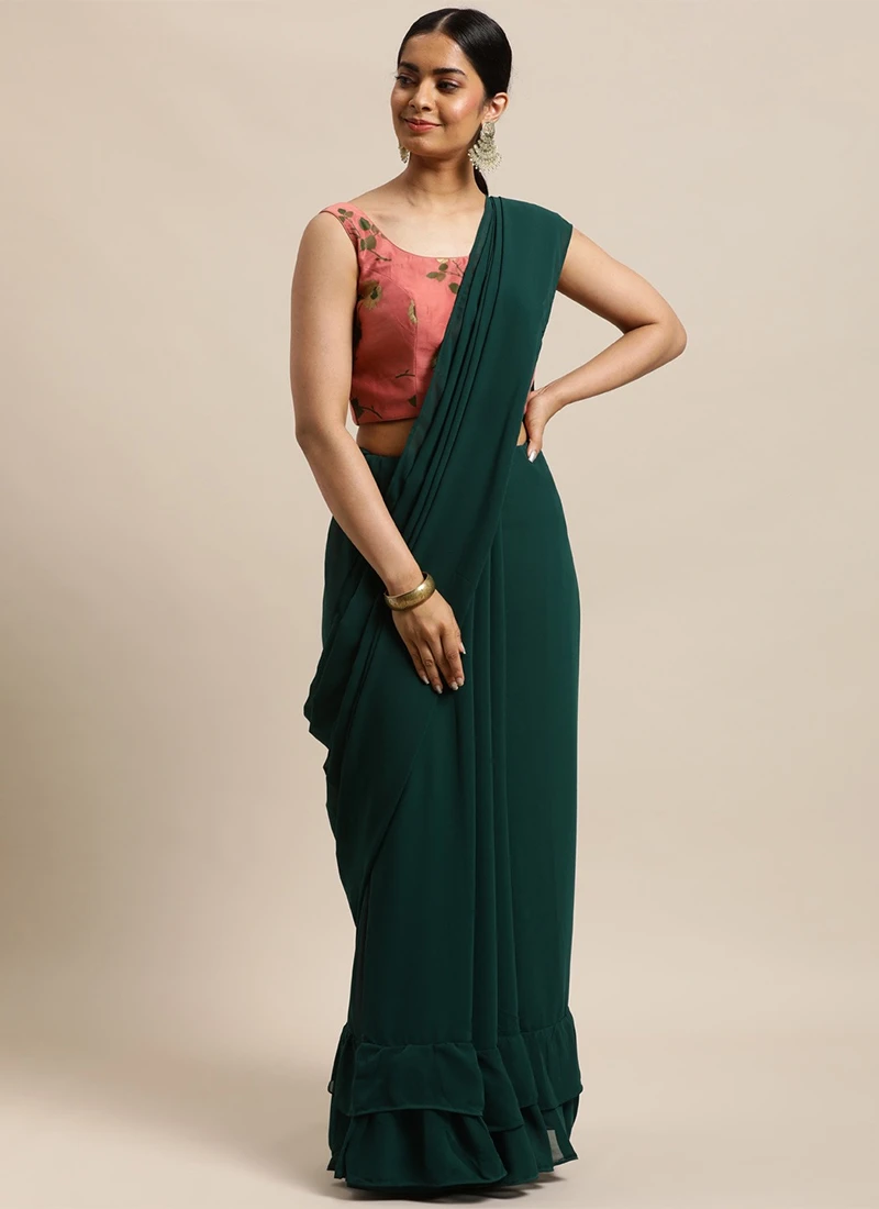 Teen Girls Green Georgette Saree N Pink Chanderi B - Image 3