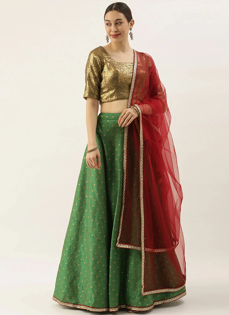 Teen Girls Green N Brown Sequins Lehenga Set Festive Wear - Image 3