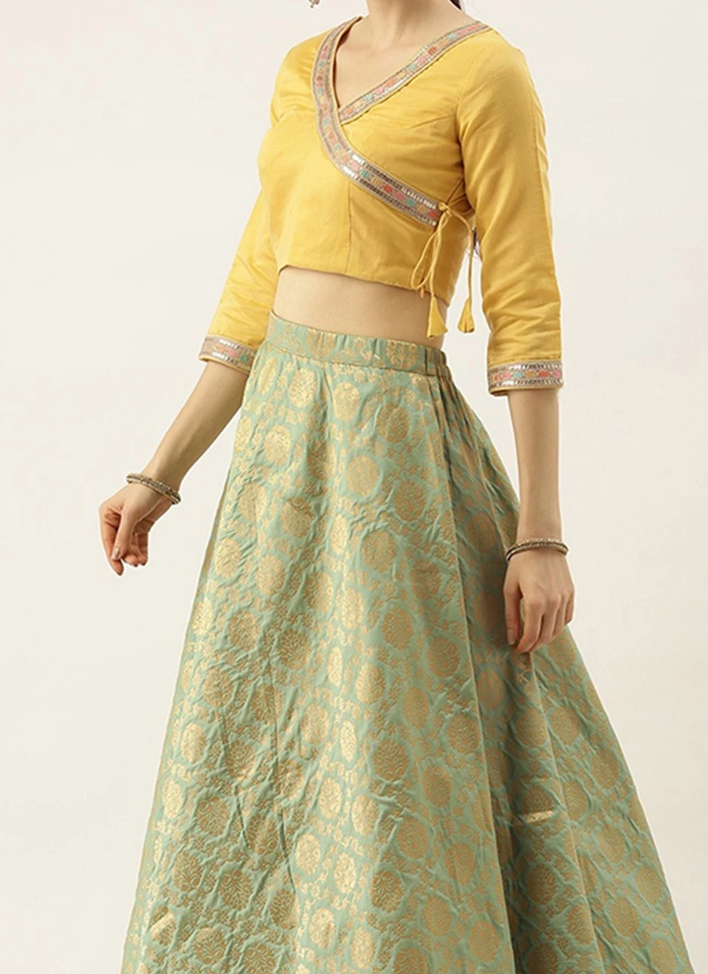 Teen Girls Green N Yellow Crop Top N Skirt Set Festive Wear