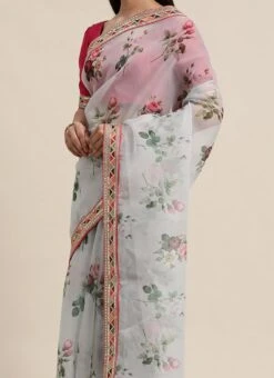 Teen Girls Grey Digital Printed Organza Saree With Choli Party Wear