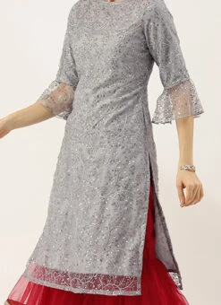 Teen Girls Grey Embroidered N Red Layered Gharara Suit Festive Wear