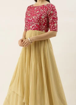 Teen Girls Pink Chinon Embroidered N Beige Gown Festive Wear