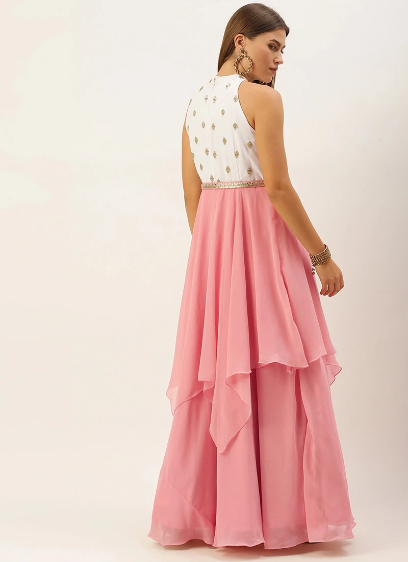 Teen Girls Pink N White Embroidered Handkerchief Gown Party Wear - Image 4