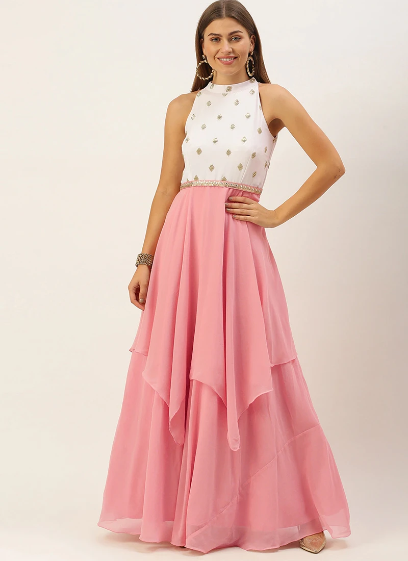 Teen Girls Pink N White Embroidered Handkerchief Gown Party Wear - Image 3