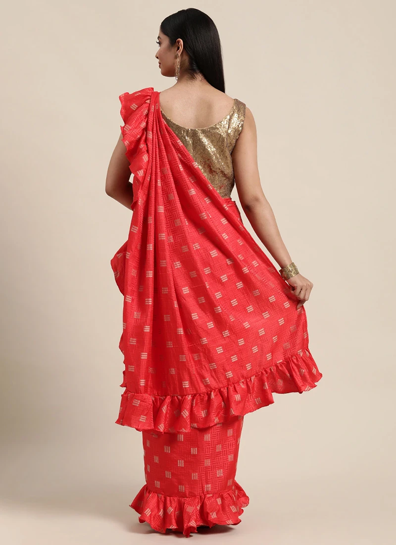 Teen Girls Red Art Silk N Brown Sequins Ruffle Saree Festive Wear - Image 4