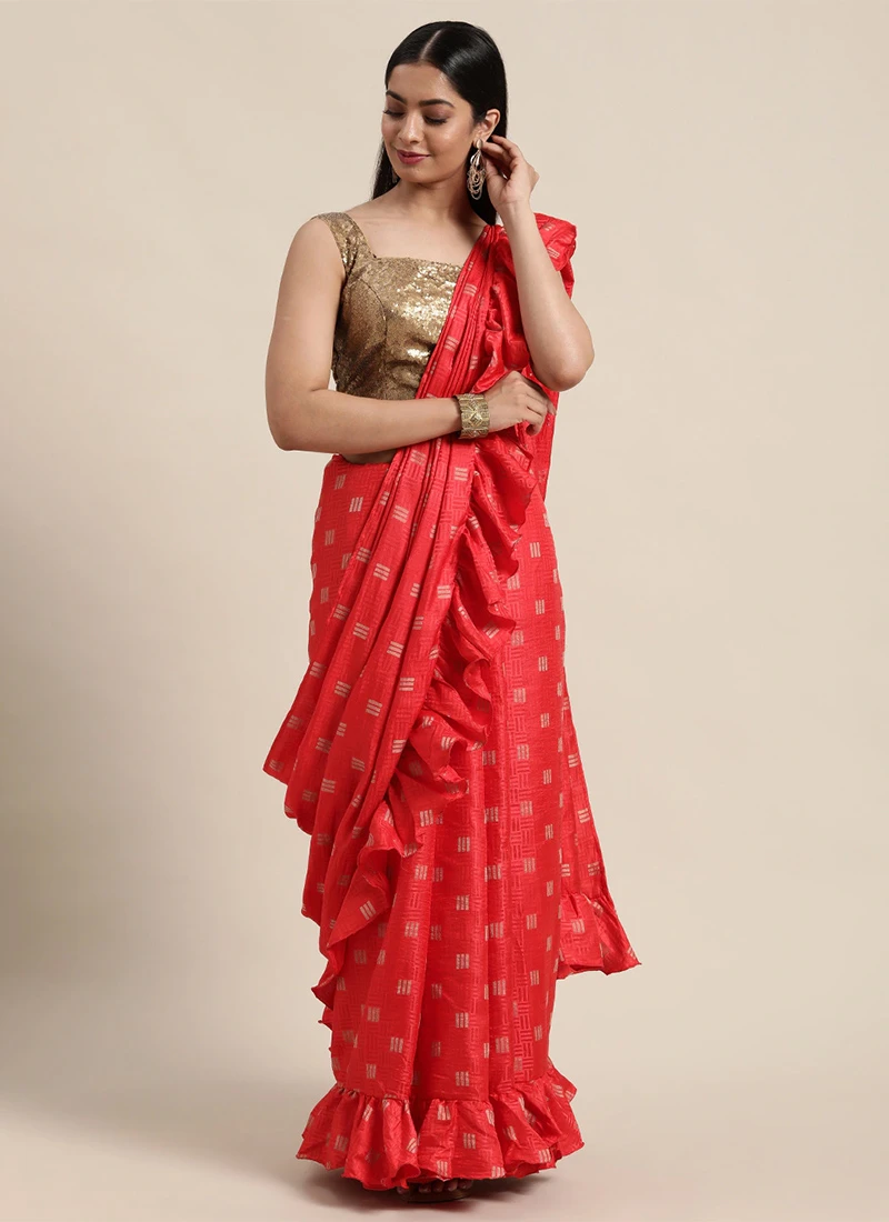 Teen Girls Red Art Silk N Brown Sequins Ruffle Saree Festive Wear - Image 3