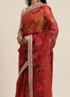 Teen Girls Red Organza Digital Printed Saree N Yellow Blouse Festive Wear