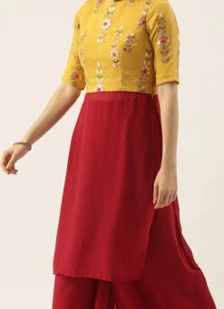 Teen Girls Yellow Embroidered Chinon N Maroon Kurta Set Festive Wear