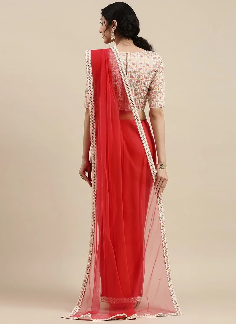Teen Girls White Brocade N Pink Net Border Saree Festive Wear - Image 4