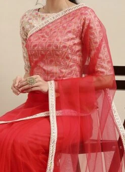 Teen Girls White Brocade N Pink Net Border Saree Festive Wear