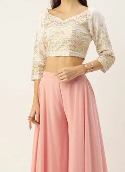 Teen Girls White Embroidered Georgette Crop Top N Sharara After Six Wear