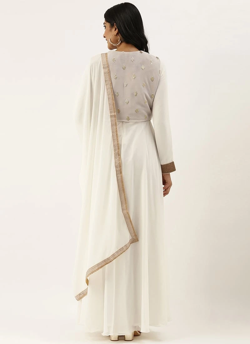 Teen Girls White Embroidered Jacket Style Anarkali Suit Festive Wear - Image 4