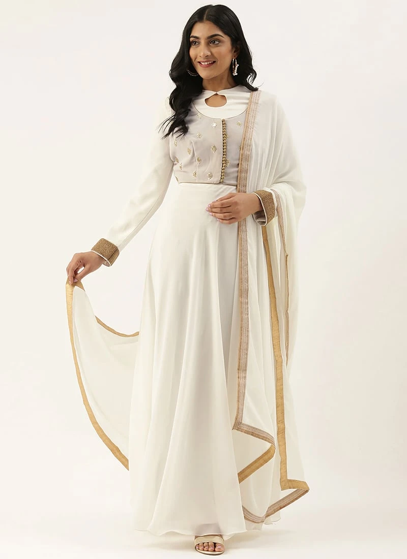 Teen Girls White Embroidered Jacket Style Anarkali Suit Festive Wear - Image 3