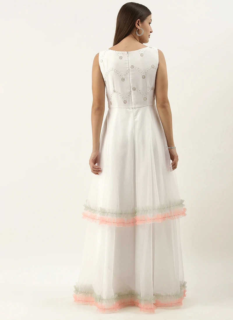 Teen Girls White Embroidered Layered Gown Party Wear - Image 4