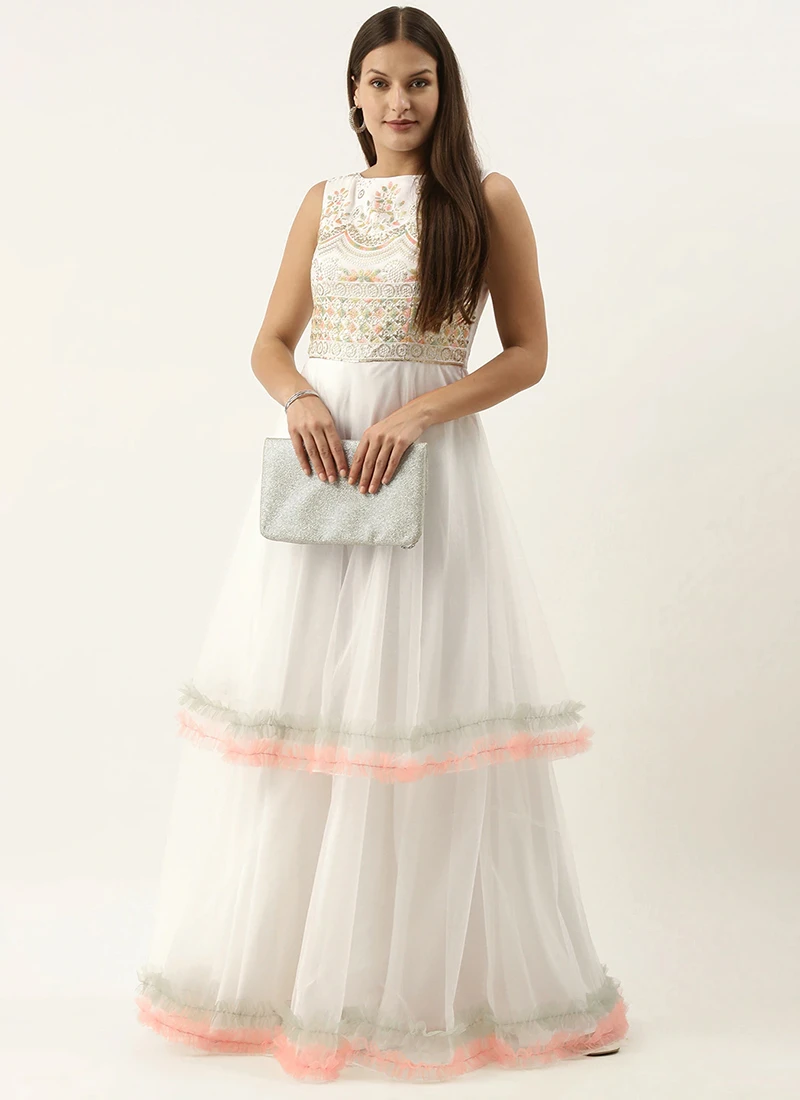 Teen Girls White Embroidered Layered Gown Party Wear - Image 3