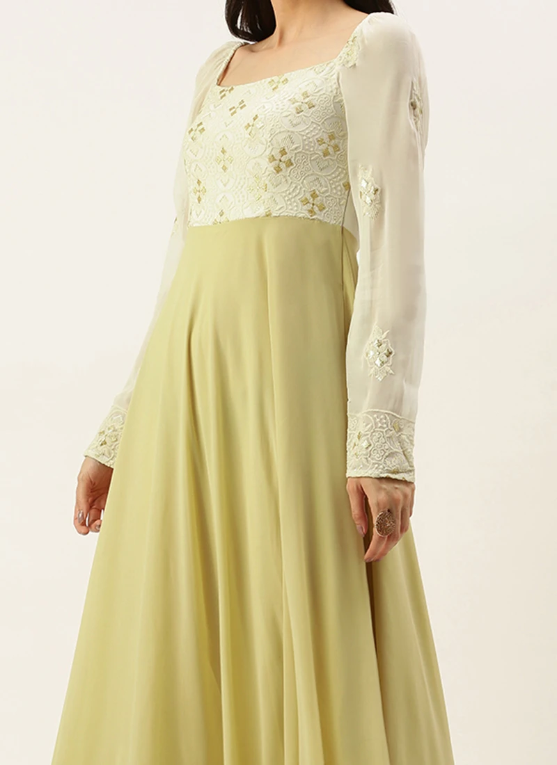 Teen Girls White Foil Print Gown Festive Wear