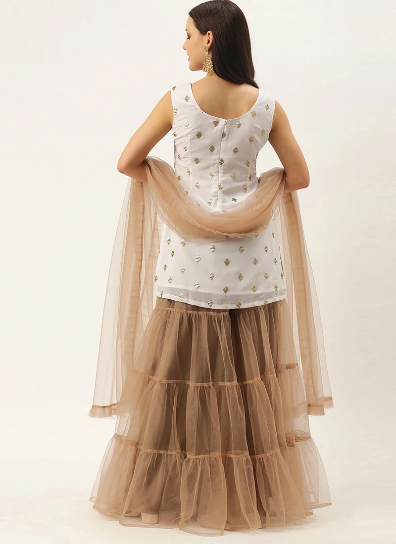 Teen Girls White Georgette N Brown Layered Palazzo Set Festive Wear - Image 4