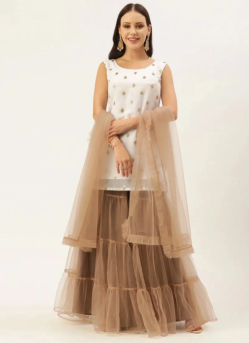 Teen Girls White Georgette N Brown Layered Palazzo Set Festive Wear - Image 3