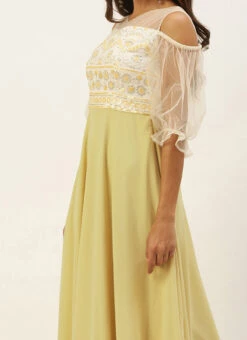 Teen Girls White N Beige Embroidered Sequins Gown Party Wear