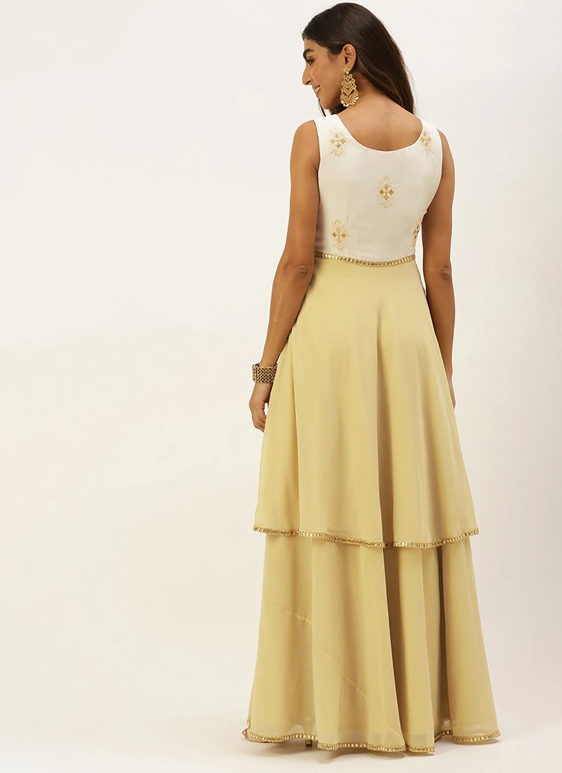 Teen Girls White N Beige Foil Print Layered Gown Festive Wear - Image 4