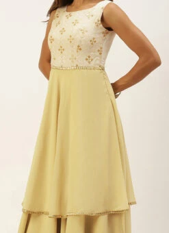 Teen Girls White N Beige Foil Print Layered Gown Festive Wear