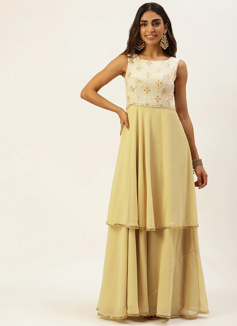 Teen Girls White N Beige Foil Print Layered Gown Festive Wear - Image 3