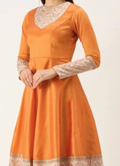 Teen Girls White N Orange Anarkali Suit Set Work Wear