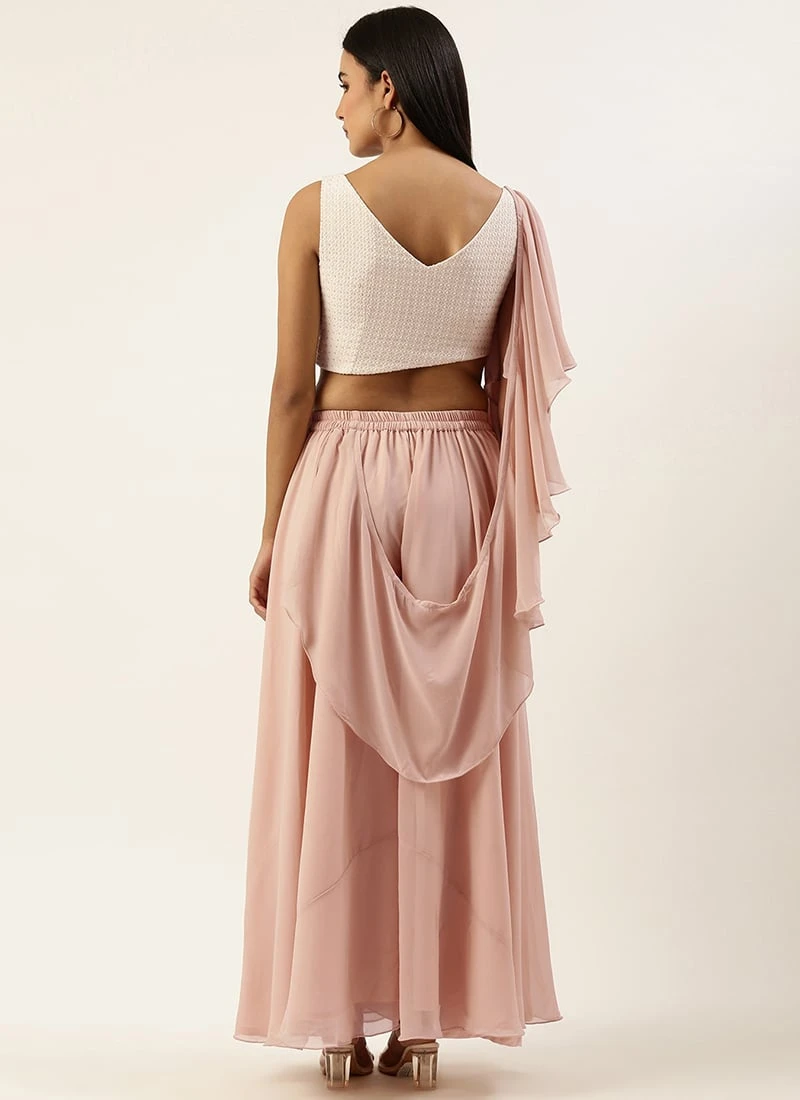 Teen Girls White N Pink Draped Palazzo Suit Festive Wear - Image 4