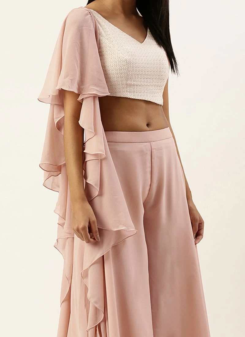 Teen Girls White N Pink Draped Palazzo Suit Festive Wear