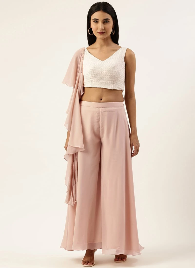 Teen Girls White N Pink Draped Palazzo Suit Festive Wear - Image 3