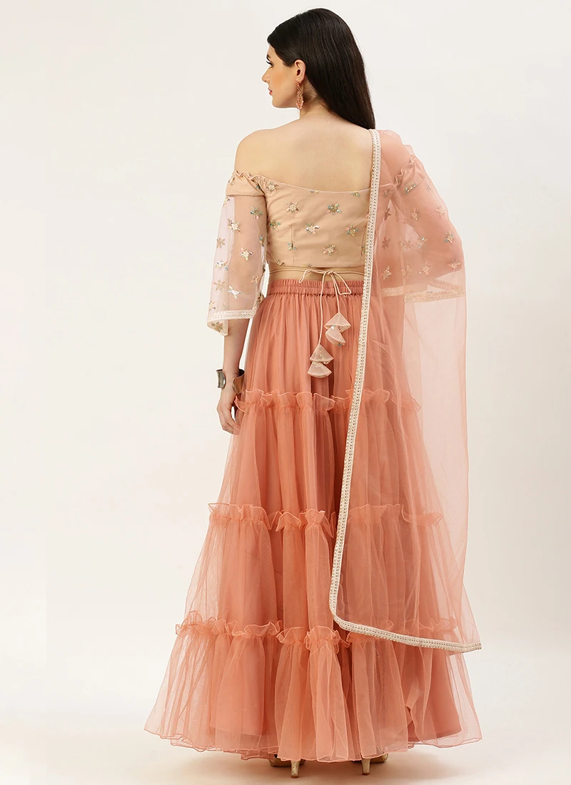 Teen Girls White Sequins N Peach Net Tiered Lehenga Festive Wear - Image 4