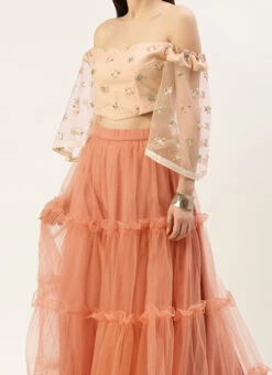Teen Girls White Sequins N Peach Net Tiered Lehenga Festive Wear