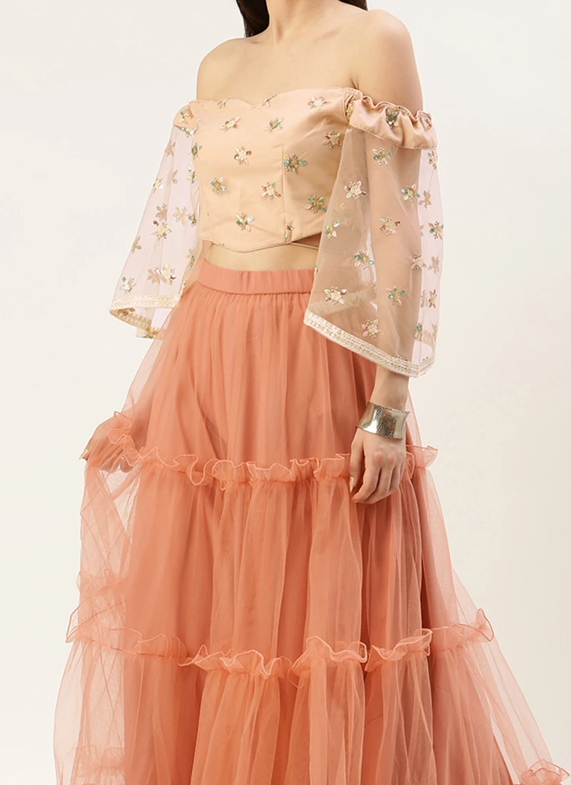 Teen Girls White Sequins N Peach Net Tiered Lehenga Festive Wear