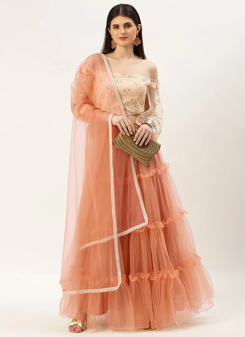 Teen Girls White Sequins N Peach Net Tiered Lehenga Festive Wear - Image 3