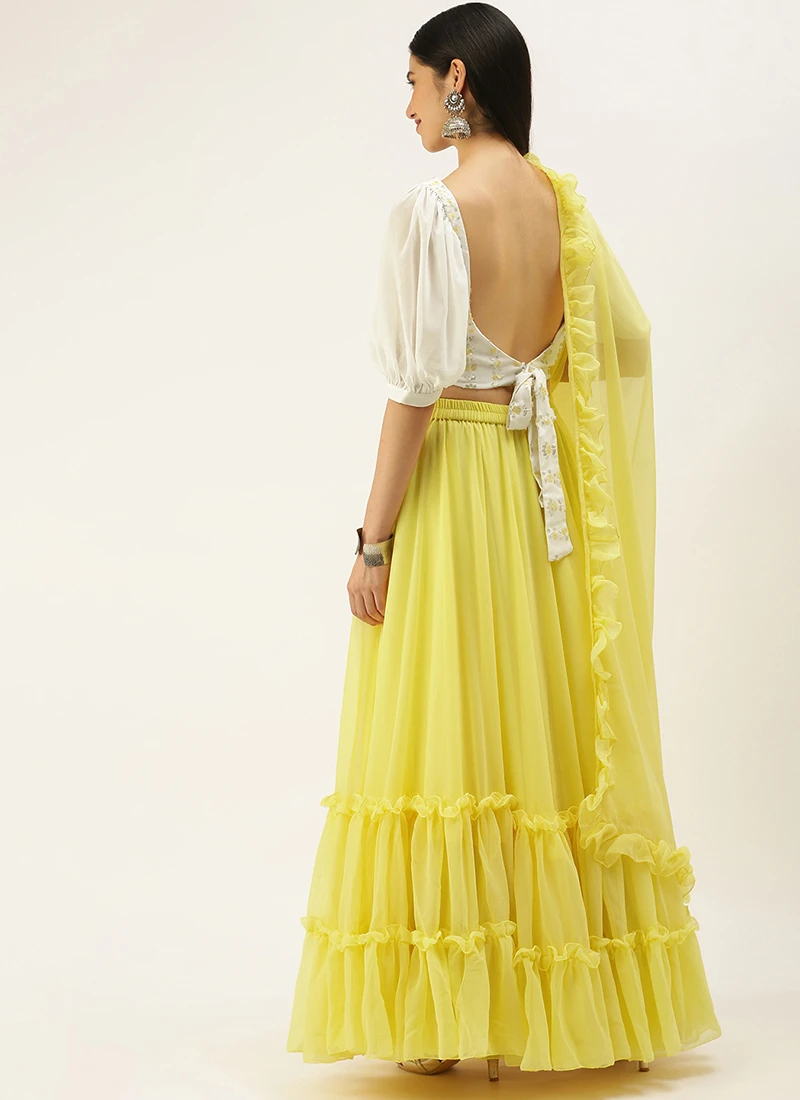 Teen Girls White Viscose Embroidered Yellow Lehenga Festive Wear - Image 4