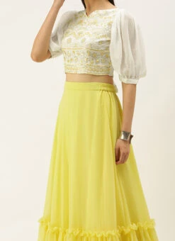 Teen Girls White Viscose Embroidered Yellow Lehenga Festive Wear